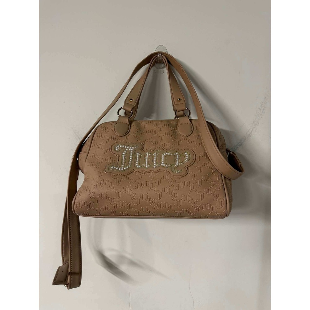 Juicy Couture Womens Tan Satchel Crossbody Bag Embossed Logo Pearl Rhinestone